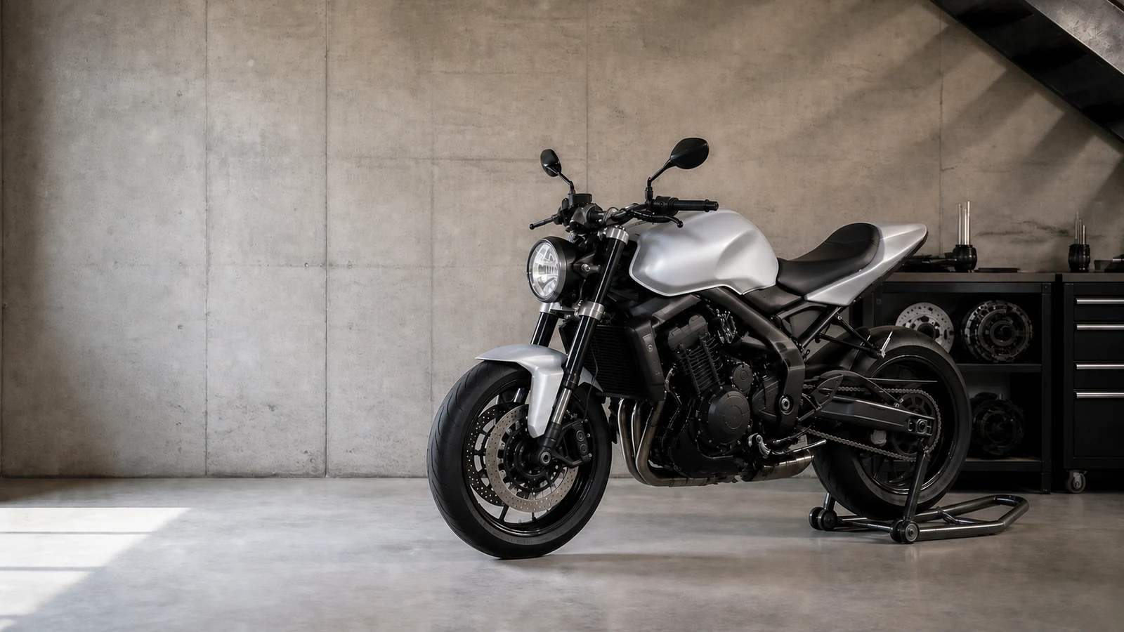 Moto roadster sans marquage dans un atelier