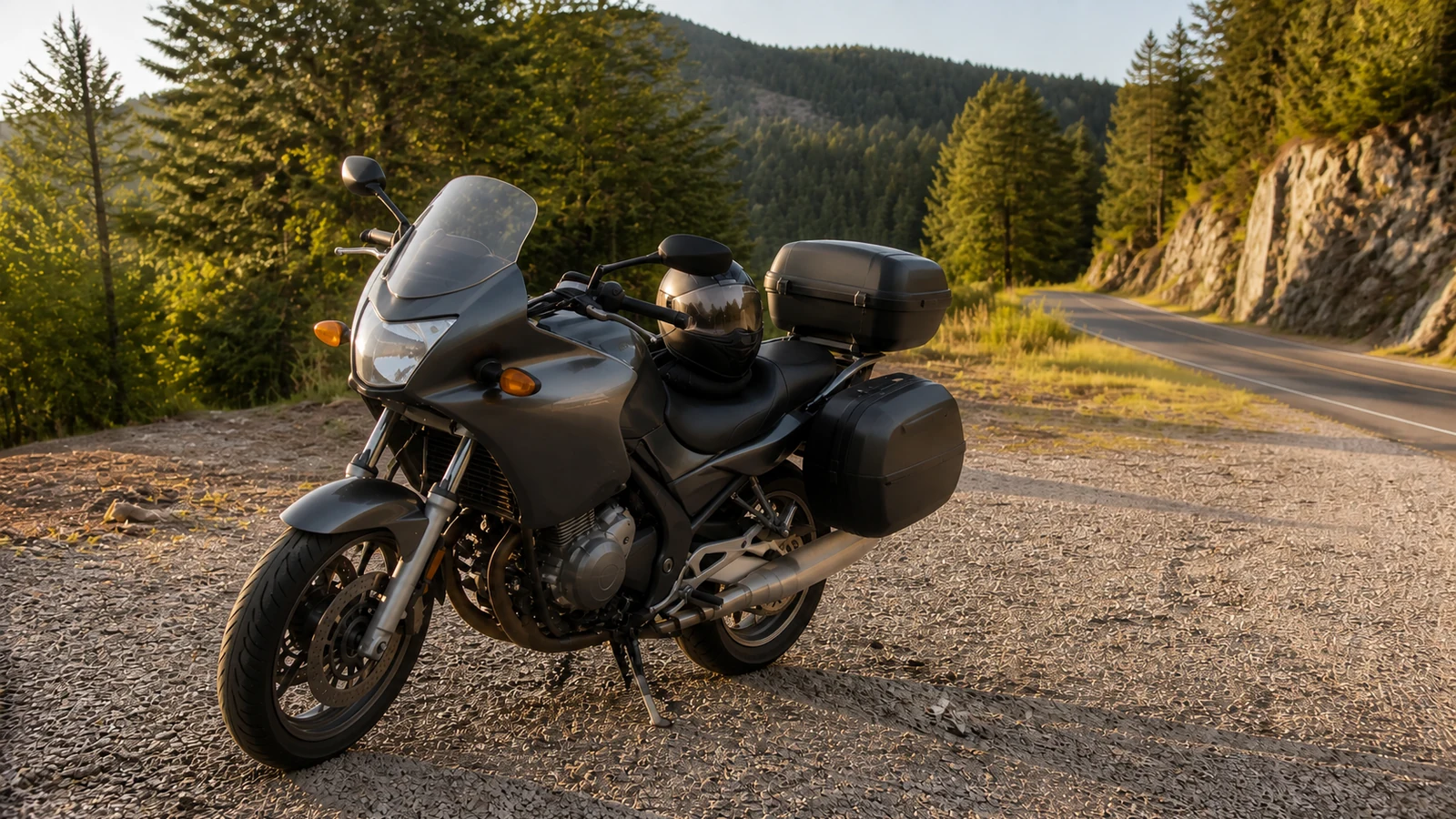 Moto de tourisme sur une route boisée du Jura